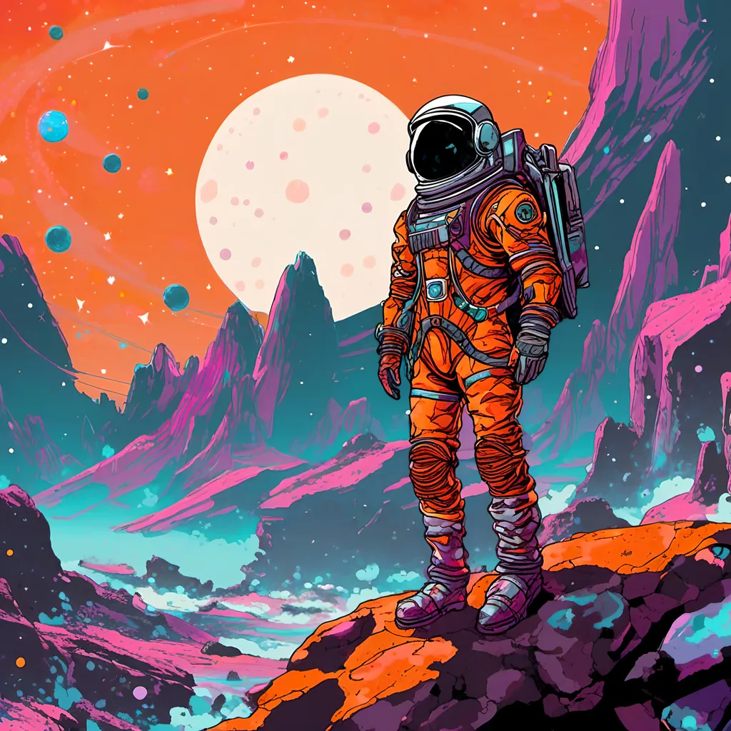 Prompt: <mymodel>astronaut in space suit standing on a rocky surface with planets in the background, intricate design pop art, fortnite skin, dark grey and orange colours, style of cartoon, moutains, bold psychedelic colors, to infinity and beyond, astronaut below, nomad