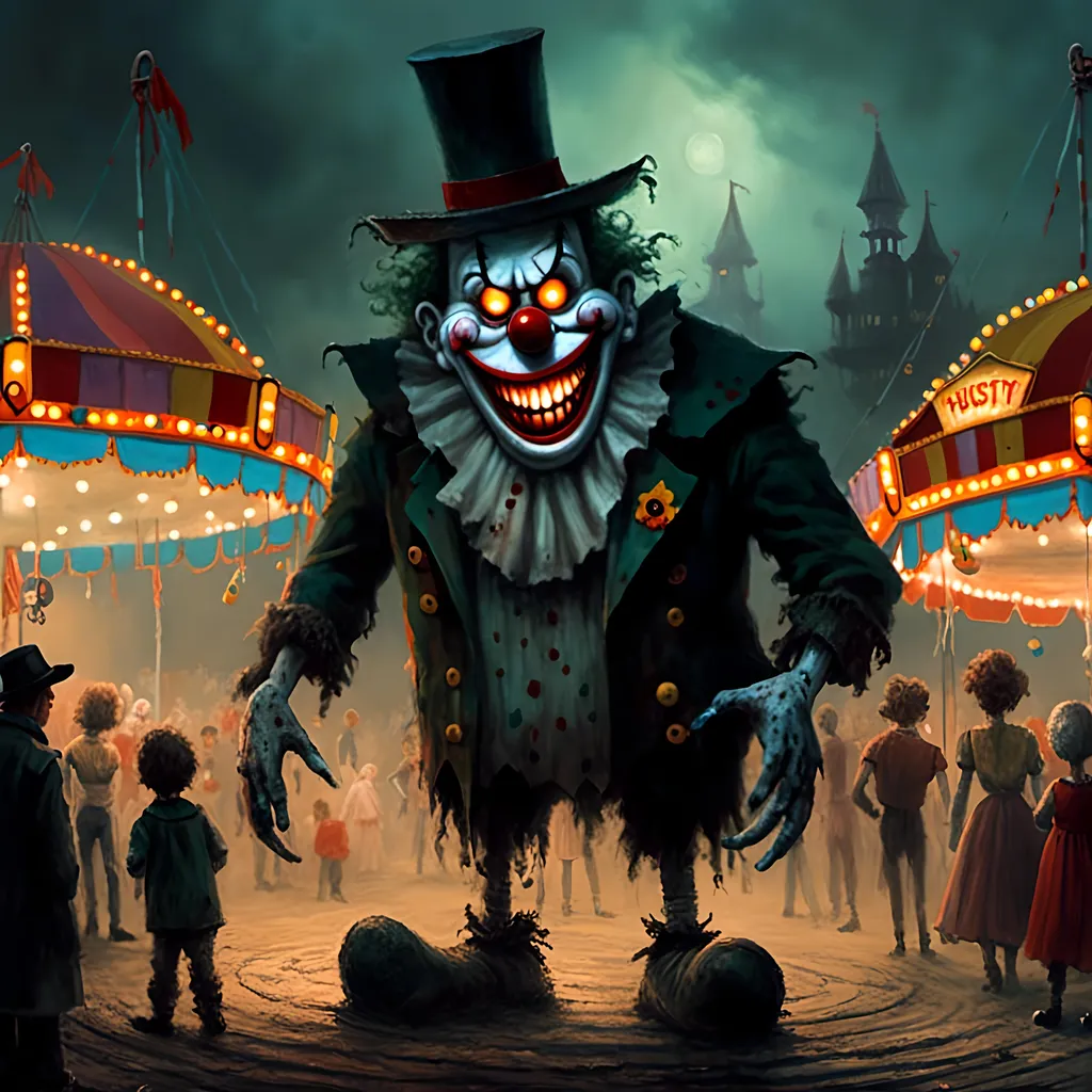 Prompt: <mymodel>Krusty the Clown with an eerie, malevolent grin, casting a dark shadow over a deserted carnival. The carnival rides are twisted and distorted, adding to the sinister atmosphere, and there's an ominous, almost supernatural glow emanating from Krusty's eyes.