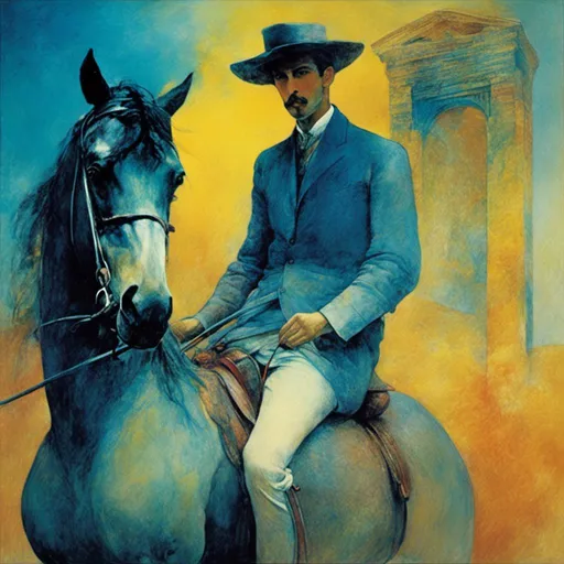 Prompt: <mymodel>Portrait man on horse, fauvism, bright colors expressive brushstrokes, backdrop soft yellow blue gradient