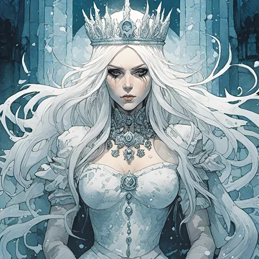 Prompt: <mymodel>evil snow queen, ice powers, pale skin, long straight white hair, white eyes, crown made of ice, looks evil and mean and scary. EVIL, revealing dress