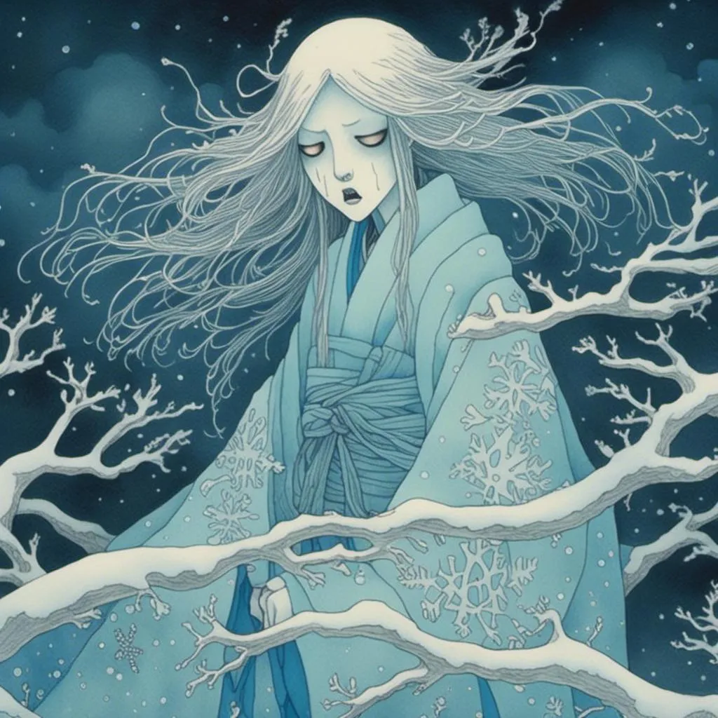 Prompt: <mymodel>Highly detailed digital painting of Yuki Onna, ethereal ice queen with flowing kimono, intricate snowflake patterns, piercing blue eyes, mystical atmosphere, Japanese folklore, supernatural beauty, icy blue and white tones, soft glowing light, 4k, ultra-detailed, digital painting, Japanese folklore, ethereal, intricate details, mystical, icy blue tones, supernatural beauty, soft lighting