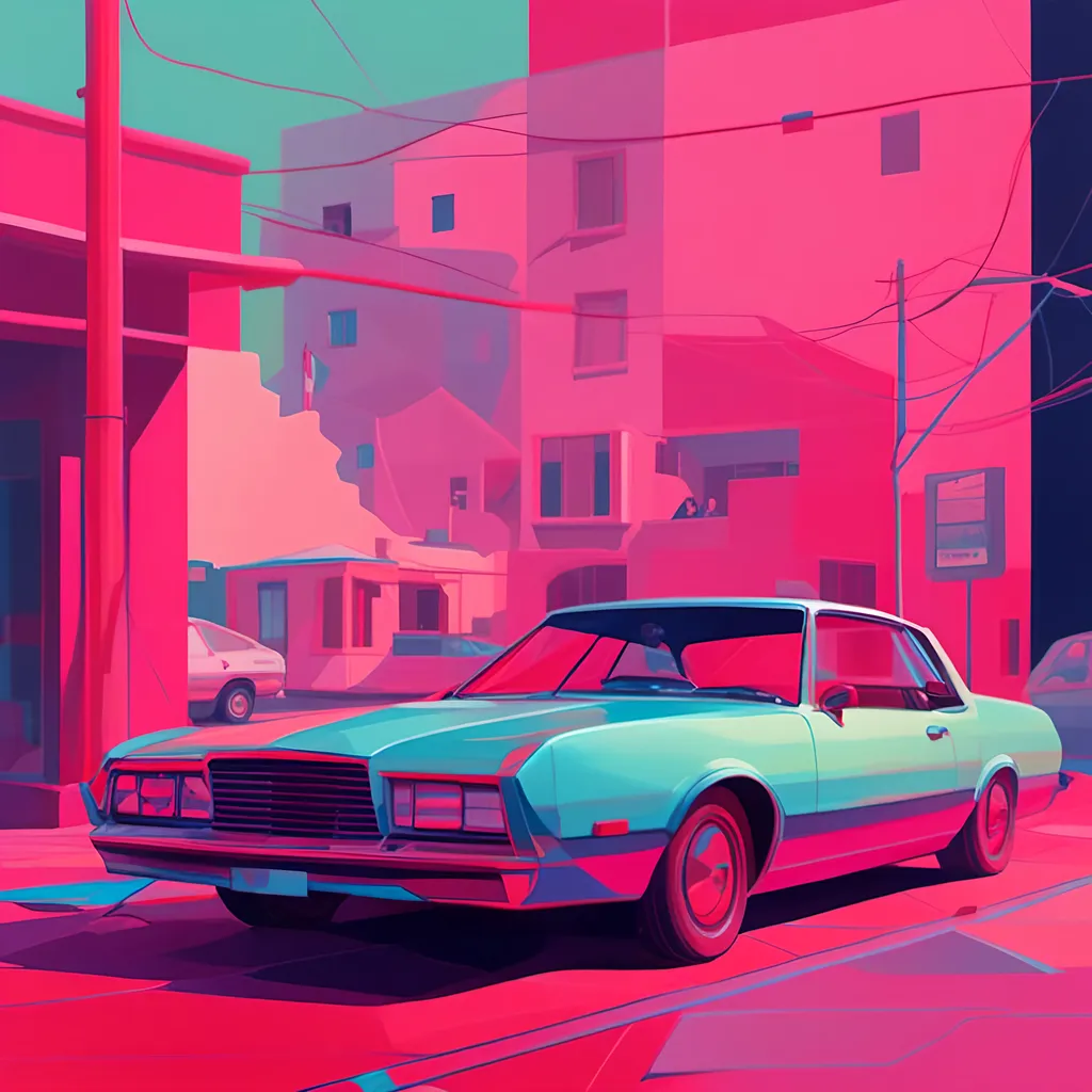 Prompt: <mymodel>a car is shown in a retro style with a pink background and a blue background with a red background, Beeple, retrofuturism, outrun, poster art