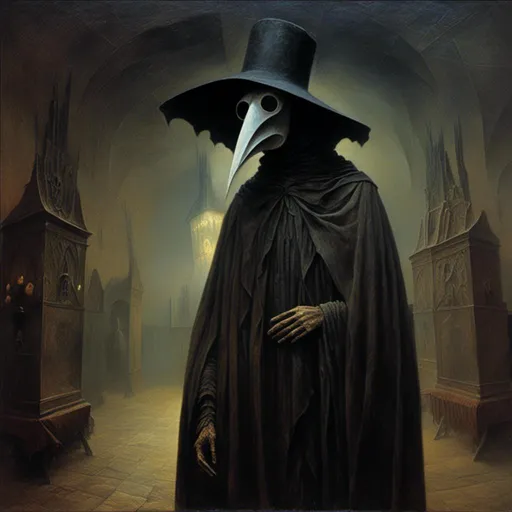 Prompt: <mymodel>Plague doctor in eerie medieval setting, haunting details, dark and mysterious, high quality, oil painting, gothic, macabre, eerie lighting, detailed cloak, beak mask, haunting atmosphere, chilling, haunting eyes, historical, atmospheric lighting