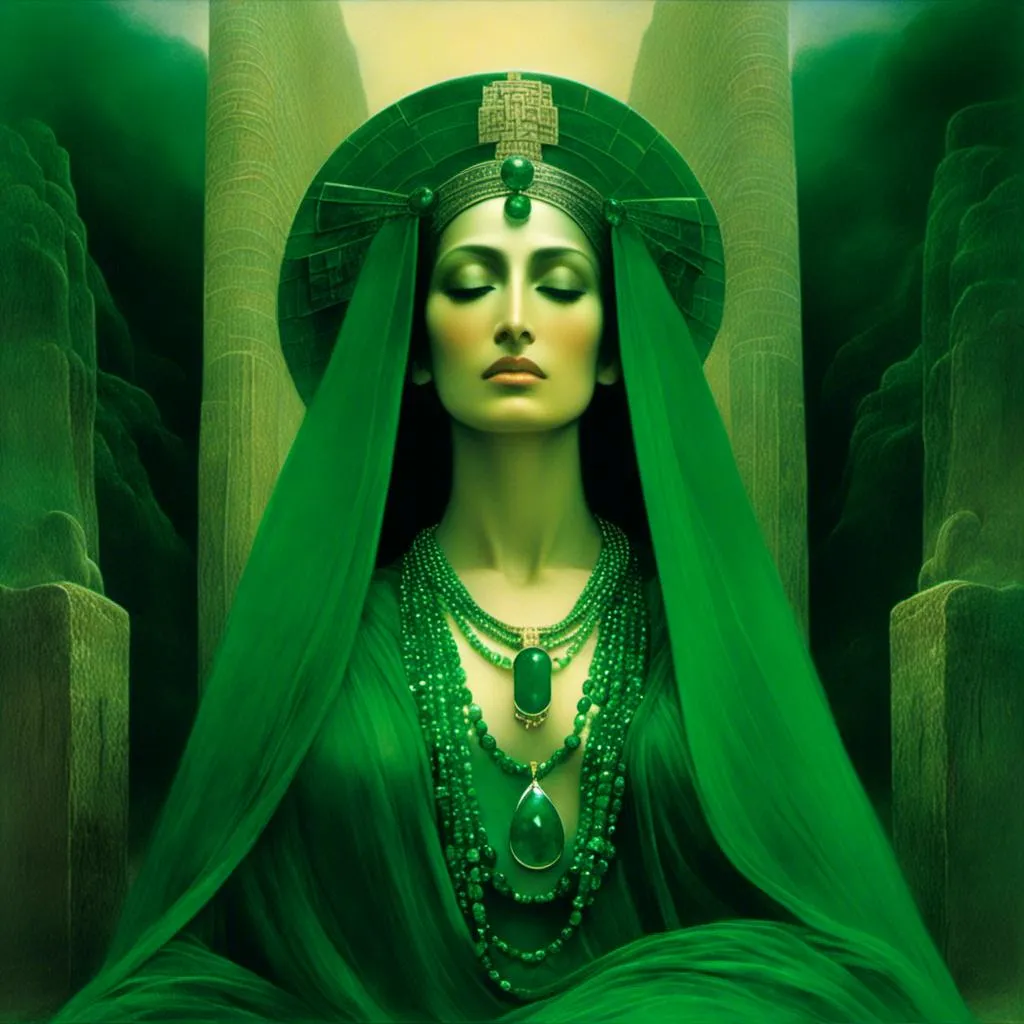 Prompt: <mymodel>Kwan Yin adorned with an emerald necklace, serene amidst a flourishing natural setting, captured in the style of a midjourney v6, emerald hues complementing the lush surroundings, ultra-realistic, Kodachrome aesthetic, high definition, 32k resolution.