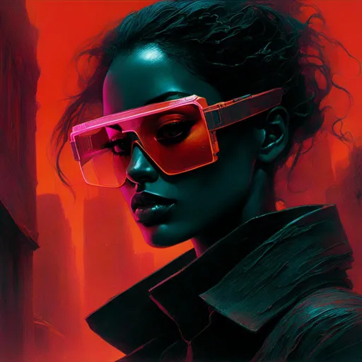 Prompt: <mymodel>Gritty Todd McFarlane style black and neon woman wearing sunglasses. Gritty, futuristic villain. Bloody. Accurate. realistic. evil eyes. Slow exposure. Detailed. Dirty. Dark and gritty. Post-apocalyptic Neo Tokyo .Futuristic. Shadows. Armed. Fanatic. Intense. 