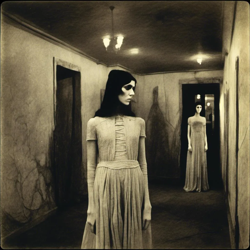 Prompt: <mymodel>Twins in eerie hotel hallway, vintage film style, dimly lit with harsh shadows, creepy and haunting atmosphere, eerie twins with identical dresses, retro film grain, mysterious vibe, high contrast, vintage horror, low-key lighting, chilling, cinematic, supernatural, unsettling, suspenseful, vintage film style, eerie twins, haunting atmosphere