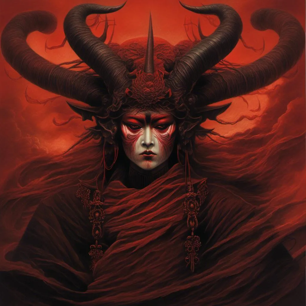 Prompt: <mymodel>High-quality digital illustration of Shuten Doji, traditional Japanese demon, fiery red and black tones, ominous and intense atmosphere, intricate oni mask, detailed horns and fangs, flowing robe with dynamic movements, fierce and menacing expression, dramatic lighting and shadows, best quality, highres, ultra-detailed, digital art, traditional, intense tones, dynamic composition, detailed features, atmospheric lighting