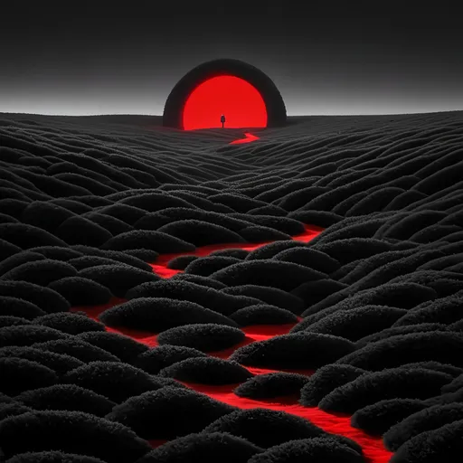 Prompt: <mymodel>Surreal landscape dark high resolution photo with a pop of vibrant neon red color 