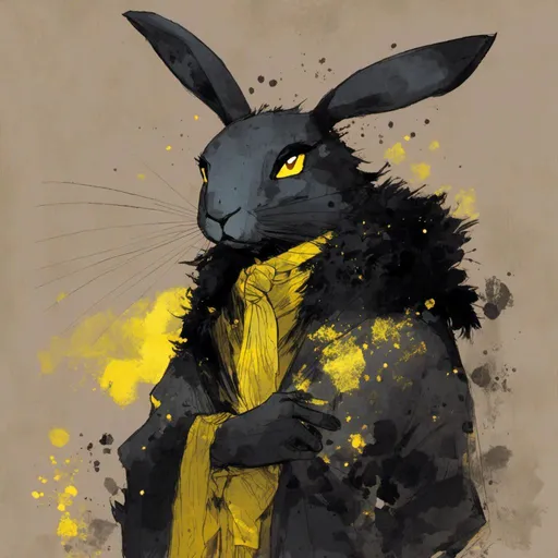 Prompt: <mymodel>Rabbit person with pure black fur and yellow eyes