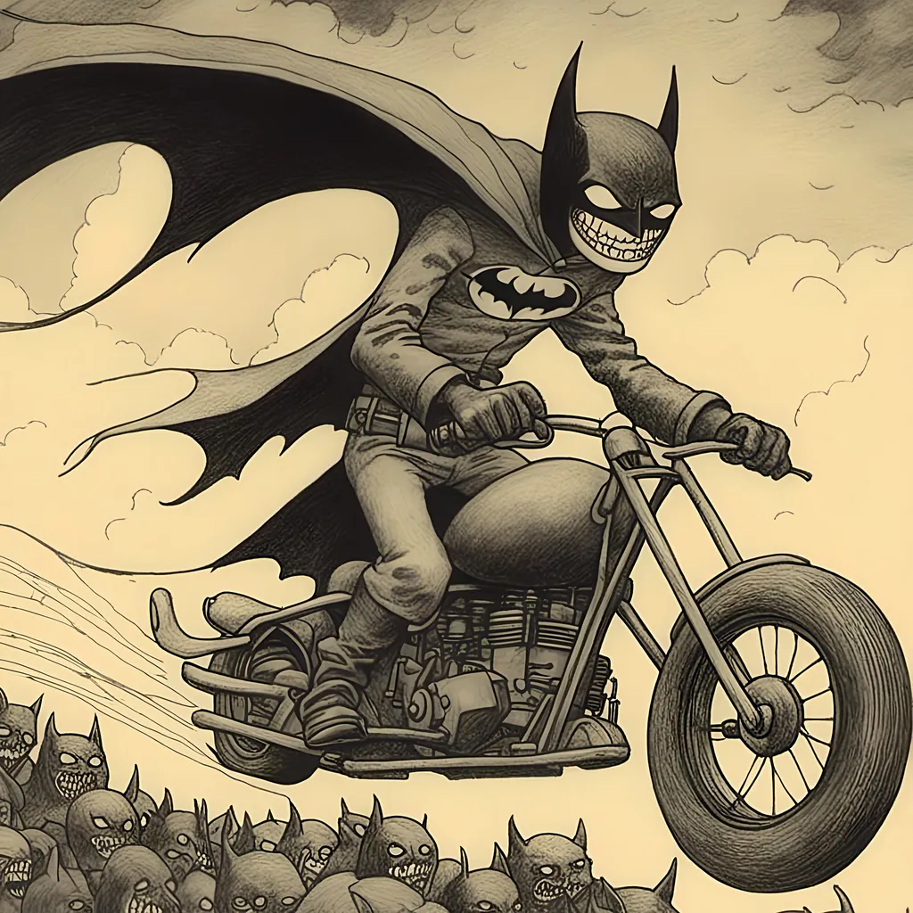 Prompt: <mymodel>a painting of Batman riding a motorcycle. High speed, motion, cinematic, high energy, blurred background, fierce, Dave Dorman, fantastic realism, marvel comics, a comic book panel