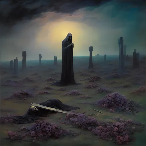 Prompt: <mymodel>a hauntingly beautiful scene where the Grim Reaper, cloaked in shadows and wielding a scythe of gleaming obsidian, stands amidst a field of withered flowers. The sky above is a swirling canvas of midnight blues and purples, streaked with ethereal wisps of silver. In the Reaper's wake, souls rise as luminous orbs, each carrying a story of their own. Capture the juxtaposition of darkness and light, the delicate balance between life and death, in a mesmerizing AI-generated artwork.