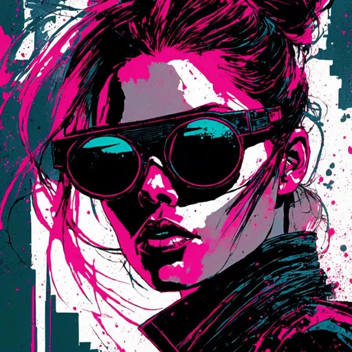 Prompt: <mymodel>Gritty Todd McFarlane style black and neon woman wearing sunglasses. Gritty, futuristic villain. Bloody. Accurate. realistic. evil eyes. Slow exposure. Detailed. Dirty. Dark and gritty. Post-apocalyptic Neo Tokyo .Futuristic. Shadows. Armed. Fanatic. Intense. 