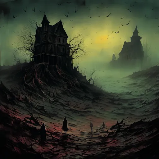 Prompt: <mymodel>Surreal digital painting of a haunting landscape, Beksiński-inspired, dark and ominous atmosphere, twisted and distorted figures, eerie and surreal, macabre, high-contrast shadows, nightmarish, detailed textures, otherworldly, haunting color palette, best quality, highres, ultra-detailed, surrealism, dark tones, atmospheric lighting, digital painting, haunting landscape, surreal figures