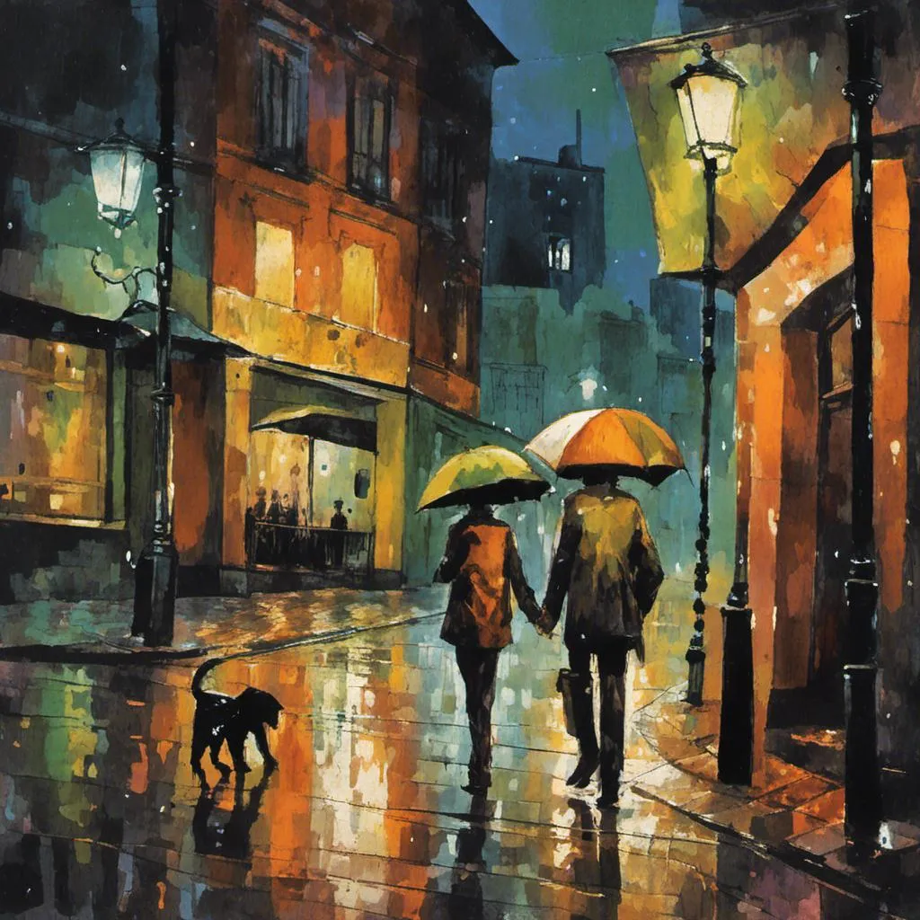 Prompt: <mymodel>Pintura a óleo. Pessoas andando nas ruas do centro de uma cidade à noite, na chuva, brilho de postes no chão ensopado. Um cachorro vira latas sujo com fome cheirando algo no chão 