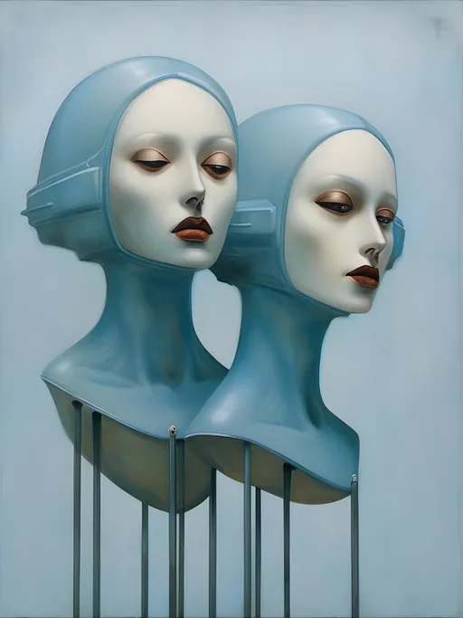 Prompt: <mymodel>two mannequins are shown in a surreal display of a woman's head and a man's head, amy sol, pop surrealism, dystopian art, a surrealist sculpture