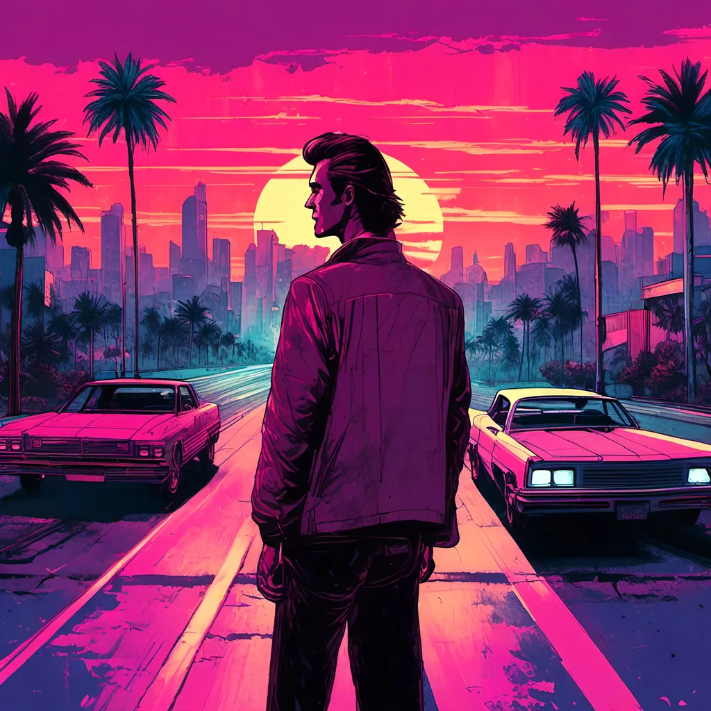 Prompt: <mymodel>retro 80s art, man standing in front of highway with palm trees on the side of the road, retro art, synthwave, city view in the background, highly detailed