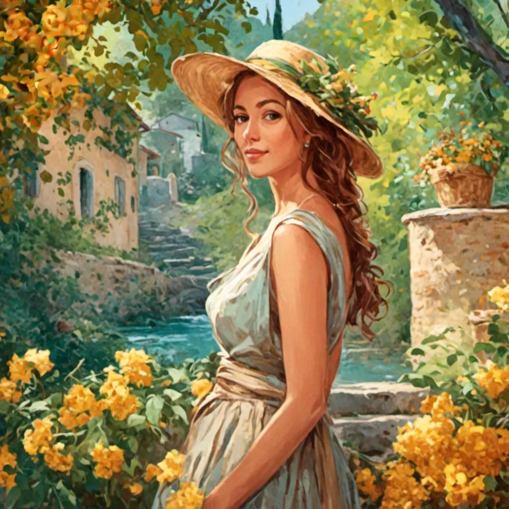 Prompt: <mymodel>Beautiful italian lady in an beautiful landscape of Umbrië, Style Flora Bowley and Vincent van Gogh,8k, dynamic lighting, ultra detailed