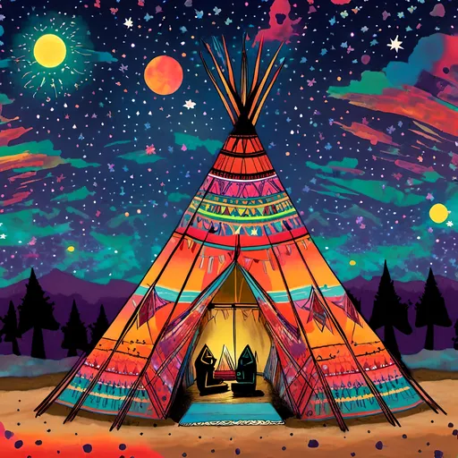 Prompt: <mymodel>TIPI FEST invitation
withe northamerican tipi background starry night, hippie setting, peyote, vivid colours
peyote designs psychedelic