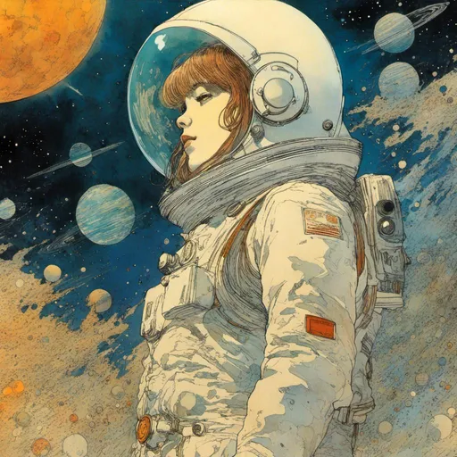 Prompt: <mymodel>Naoyuki Kato, Jean Giraud, Surreal, mysterious, strange, fantastical, fantasy, Sci-fi, Japanese anime, how to navigate the solar system, tourist guide, beautiful girl in a space suit, perfect voluminous body, detailed masterpiece zoom in wide angles 