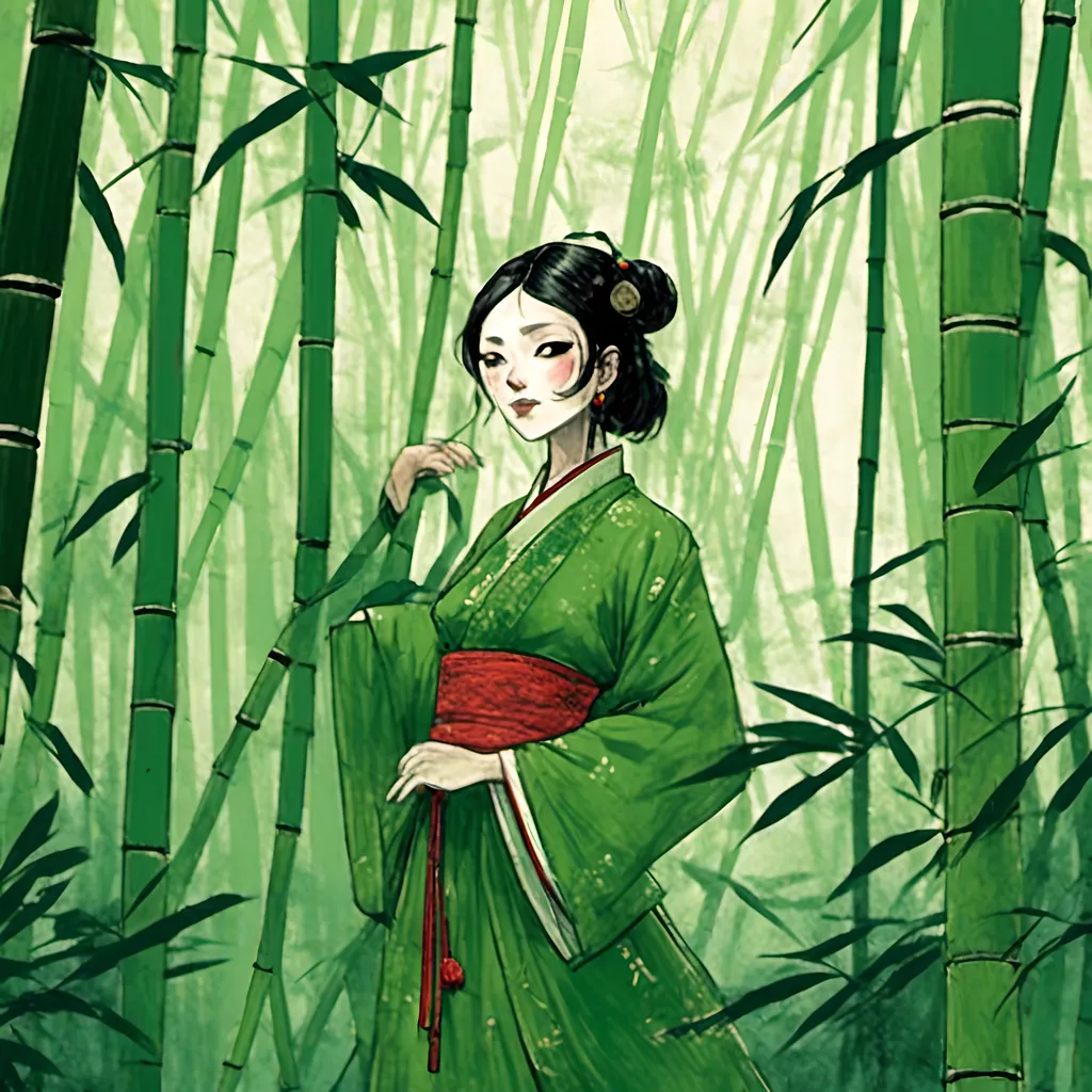 Prompt: <mymodel>Girl in a bamboo forest in a traditional green Chinese dress 