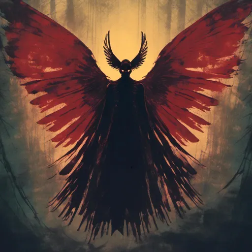 Prompt: <mymodel>Mothman in cinematic lighting, post-processed 35mm film, live-action, best quality, stunning, atmospheric, dramatic, color graded, epic, masterpiece, detailed wings, intense gaze, mysterious silhouette, haunting, dark tones