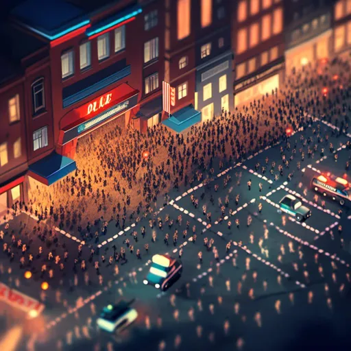 Prompt: <mymodel>Aerial view of nighttime riot in tilt-shift isometric miniature world, police barricade, protesters, highres, miniature, tilt-shift, riot, nighttime, aerial view, police barricade, protesters, isometric, detailed, intense lighting