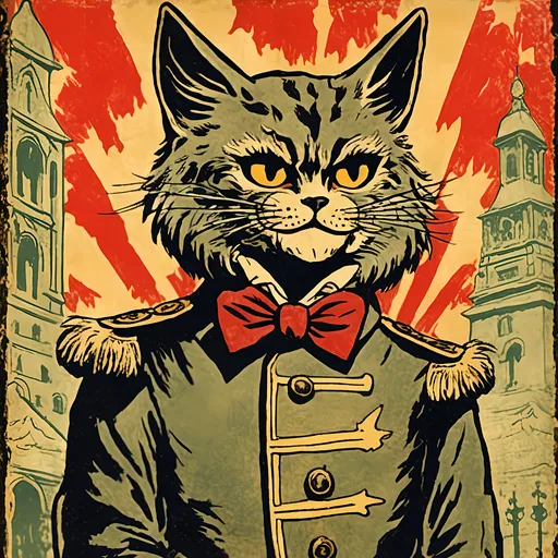 Prompt: <mymodel>Vintage evil cat war propaganda illustration, aged paper texture, bold and striking colors, ominous atmosphere, detailed fur with sinister shading, fierce and piercing gaze, propaganda poster style, high contrast, vintage, aged paper texture, evil cat, war propaganda, bold colors, ominous atmosphere, detailed fur, fierce gaze, propaganda poster, high contrast