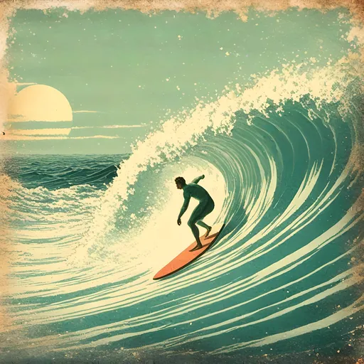 Prompt: <mymodel> Vintage Surfing Poster: A retro-style illustration of a surfer catching a wave, with faded colors and a distressed look to give it a nostalgic 1960s vibe.