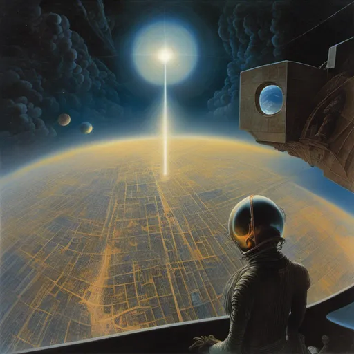 Prompt: <mymodel>a high resolution image At the moment of a total eclipse, an Astronaut's view on heads up display, through his eyes framed by the visor, looking at another a luminous translucent angel in the distance tethered by long cord to solar panel of ISS and SpaceX crew capsule, entire planet earth at night with brightly illuminated cities and highway networks, illuminated by bright solar corona during total eclipse, sun totally covered black circle with ring, lakes rivers oceans on planet surface shimmer silver reflection from prominent solar corona,