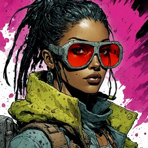 Prompt: <mymodel>Gritty Todd McFarlane style black and neon woman wearing sunglasses. Gritty, futuristic villain. Bloody. Accurate. realistic. evil eyes. Slow exposure. Detailed. Dirty. Dark and gritty. Post-apocalyptic Neo Tokyo .Futuristic. Shadows. Armed. Fanatic. Intense. 