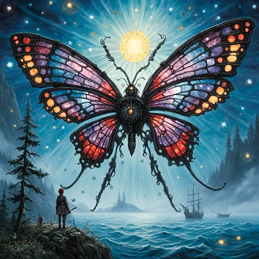 Prompt: <mymodel>A butterfly with wings made of stained glass, hovering over an ocean of stars.