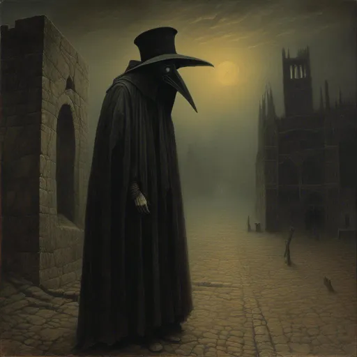 Prompt: <mymodel>Plague doctor in eerie medieval setting, haunting details, dark and mysterious, high quality, oil painting, gothic, macabre, eerie lighting, detailed cloak, beak mask, haunting atmosphere, chilling, haunting eyes, historical, atmospheric lighting