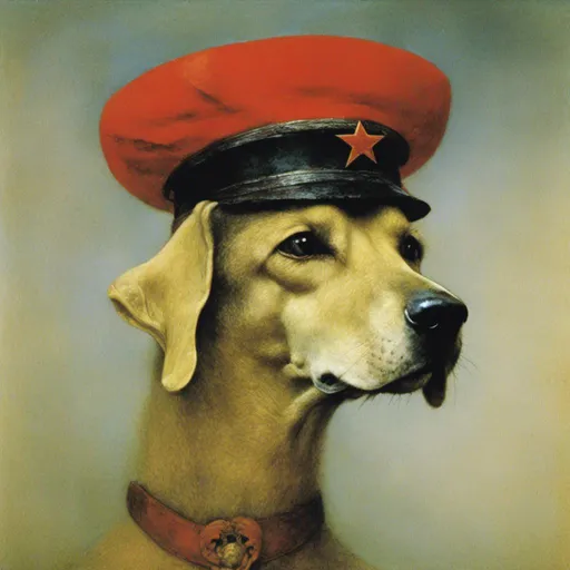 Prompt: <mymodel>Chinese propaganda poster from the cultural revolution, portrait of a dog in red star beret