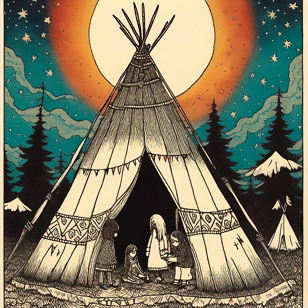 Prompt: <mymodel>TIPI FEST invitation
withe northamerican tipi background starry night, hippie setting, peyote, vivid colours
peyote designs psychedelic