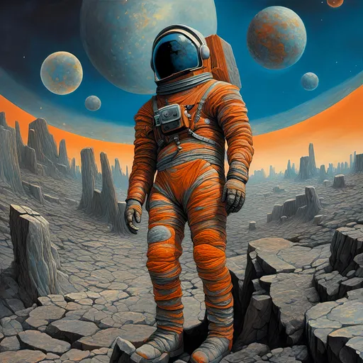 Prompt: <mymodel>astronaut in space suit standing on a rocky surface with planets in the background, intricate design pop art, fortnite skin, dark grey and orange colours, style of cartoon, moutains, bold psychedelic colors, to infinity and beyond, astronaut below, nomad