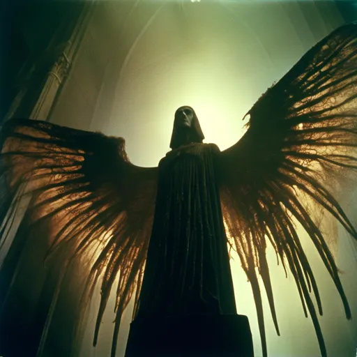 Prompt: <mymodel>Mothman in cinematic lighting, post-processed 35mm film, live-action, best quality, stunning, atmospheric, dramatic, color graded, epic, masterpiece, detailed wings, intense gaze, mysterious silhouette, haunting, dark tones