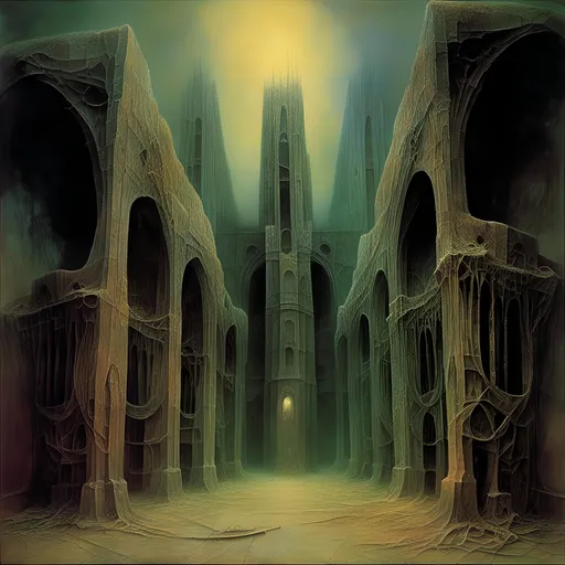 Prompt: <mymodel>Alien-like cathedral church, unimaginable architecture, creepy, eerie, Zdzisław Beksiński-inspired, oil painting, detailed textures, surreal lighting, unsettling atmosphere, highres, detailed, eerie, surreal, oil painting, cathedral, alien-like, Zdzisław Beksiński, creepy, detailed architecture