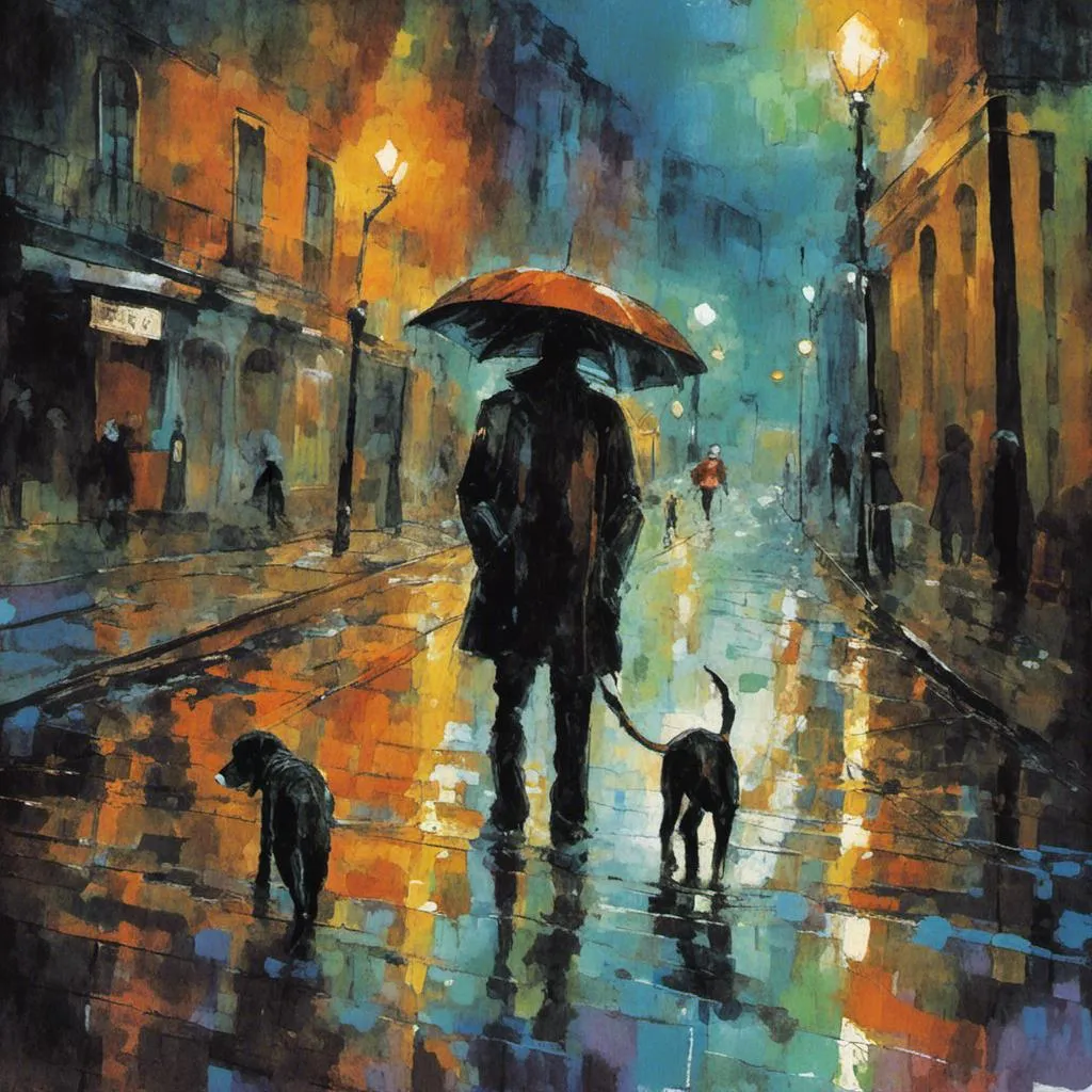 Prompt: <mymodel>Pintura a óleo. Pessoas andando nas ruas do centro de uma cidade à noite, na chuva, brilho de postes no chão ensopado. Um cachorro vira latas sujo com fome cheirando algo no chão 