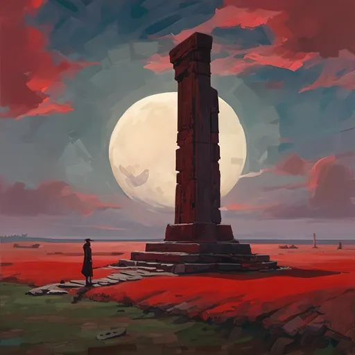 Prompt: <mymodel>Stonehenge, 1other, architecture, cloud, full moon, gun, hunter \(bloodborne\), moon, night, outdoors, red moon, red sky, ruins, scenery, sky, tower, weapon