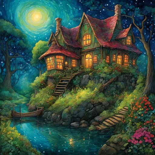 Prompt: <mymodel> whimsical starry sky, whimsical cottage, whimsical landscape, very colorful and fun, art brut, style of sam toft, gustav klimt, Andy Kehoe, Amanda Sage, hyper detailed, background by Gregory Kurasov vibrant colors, high resolution sharp details