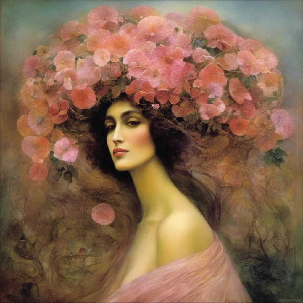 Prompt: <mymodel>a beautiful woman , lots of pretty pink flowers