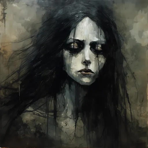 Prompt: <mymodel>Detailed, eerie portrait of a mysterious mother figure, dark and gloomy atmosphere, horror, unsettling facial expression, cold and pale skin, haunting gaze, long flowing hair, high contrast lighting, oil painting, high quality, horror, dark tones, unsettling, eerie, detailed eyes, gloomy, cold skin, mysterious, atmospheric lighting