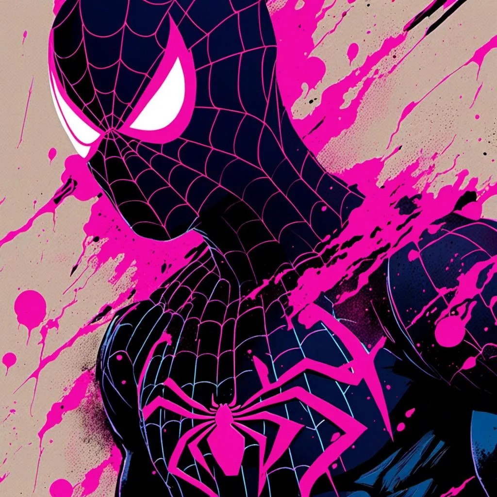 Prompt: <mymodel>Gritty Todd McFarlane style black and neon Spiderman. Full body. Gritty, futuristic army-trained villain. Bloody. Accurate. realistic. evil eyes. Slow exposure. Detailed. Dirty. Dark and gritty. Post-apocalyptic Neo Tokyo .Futuristic. Shadows. Armed. Fanatic. Intense. 