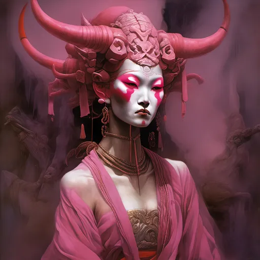 Prompt: <mymodel>High-res digital painting of a formidable pink-skinned Japanese Oni with white war paint, fierce expression, intricate horn details, traditional clothing, dynamic pose, detailed face and body, vibrant colors, dramatic lighting, oni, Japanese folklore, digital painting, detailed features, traditional attire, intense gaze, dynamic pose, high contrast lighting, vibrant colors