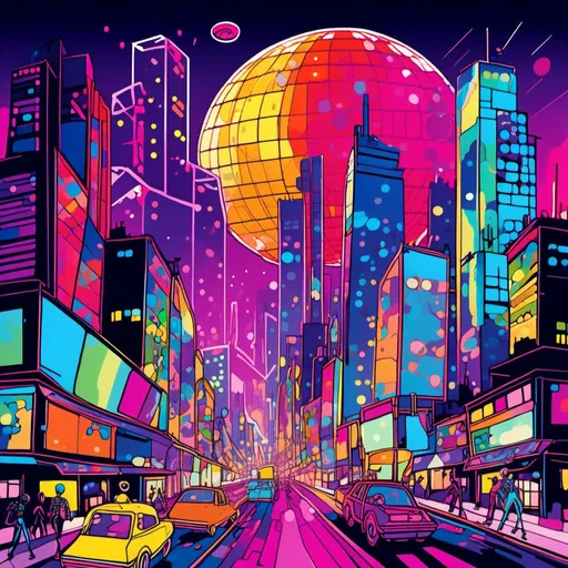 Prompt: <mymodel>retro-futuristic cityscape where funky, neon-colored robots with groovy disco moves are strutting down the streets? Picture a skyline filled with skyscrapers adorned with holographic billboards displaying psychedelic patterns and vibrant colors. In the background, a giant disco ball hovers over the city, casting dazzling light and funky beats across the urban landscape.