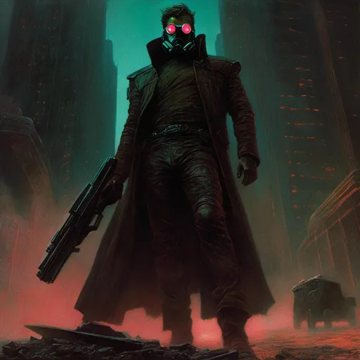 Prompt: <mymodel>Gritty Todd McFarlane style black and neon Star Lord. Gritty, futuristic villain. Bloody. Accurate. realistic. evil eyes. Slow exposure. Detailed. Dirty. Dark and gritty. Post-apocalyptic Neo Tokyo .Futuristic. Shadows. Armed. Fanatic. Intense. 