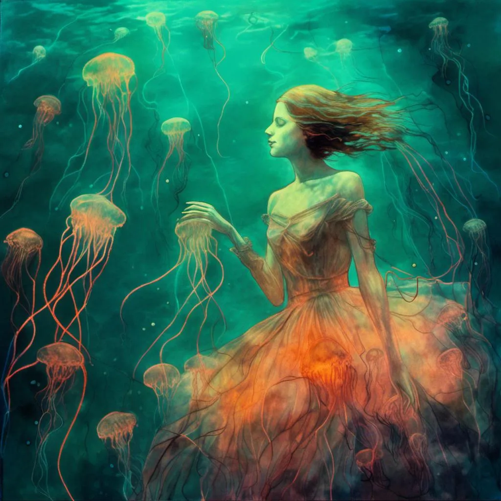 Prompt: <mymodel>Surreal underwater scene with a lady, bioluminescent Pacific sea nettle, underwater art installation, high quality, detailed surrealism, dreamy, neon tones, ethereal lighting, surreal, underwater, lady, bioluminescent, Pacific sea nettle, art installation, high quality, detailed, dreamy, neon, ethereal