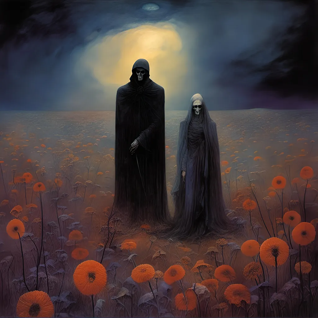 Prompt: <mymodel>a hauntingly beautiful scene where the Grim Reaper, cloaked in shadows and wielding a scythe of gleaming obsidian, stands amidst a field of withered flowers. The sky above is a swirling canvas of midnight blues and purples, streaked with ethereal wisps of silver. In the Reaper's wake, souls rise as luminous orbs, each carrying a story of their own. Capture the juxtaposition of darkness and light, the delicate balance between life and death, in a mesmerizing AI-generated artwork.