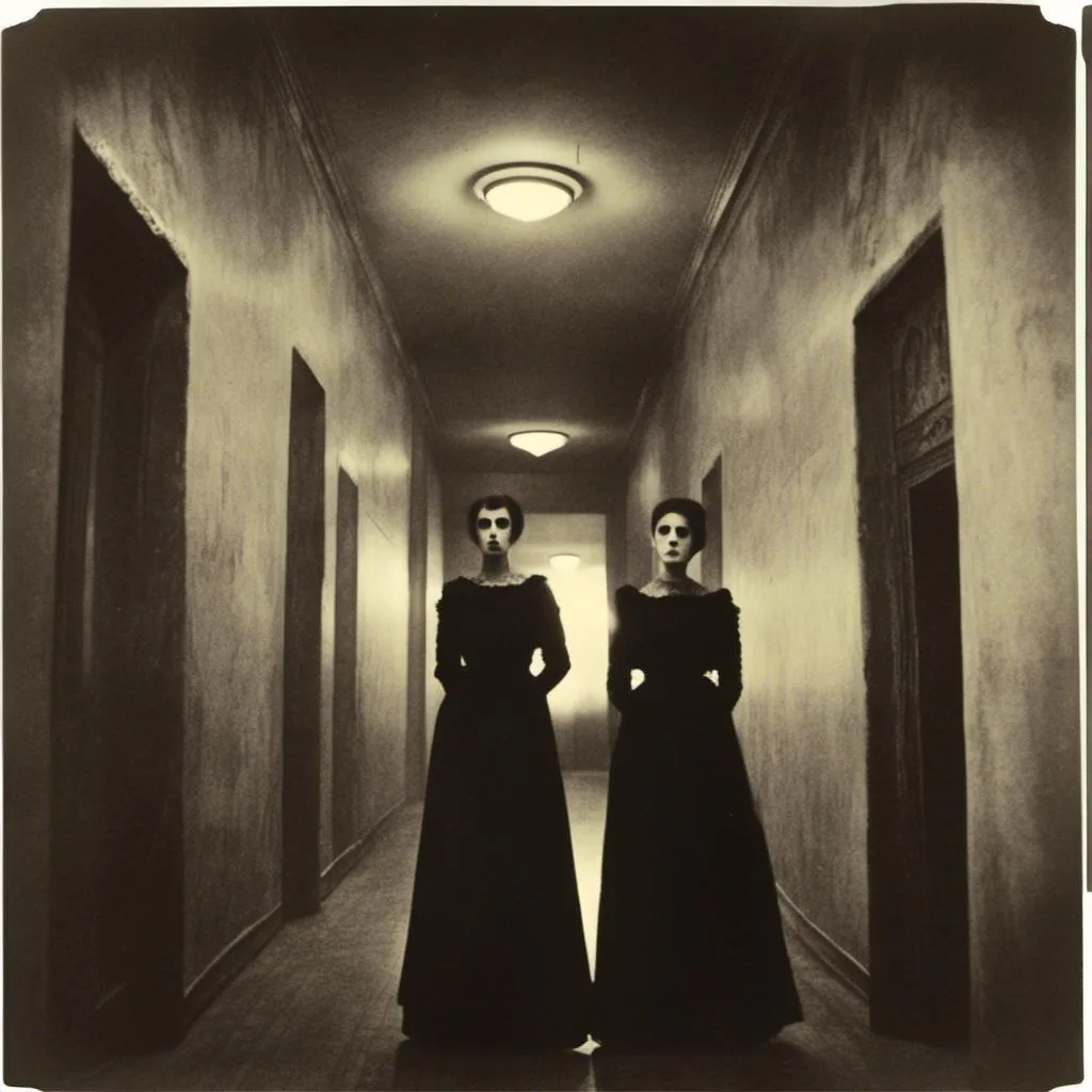 Prompt: <mymodel>Twins in eerie hotel hallway, vintage film style, dimly lit with harsh shadows, creepy and haunting atmosphere, eerie twins with identical dresses, retro film grain, mysterious vibe, high contrast, vintage horror, low-key lighting, chilling, cinematic, supernatural, unsettling, suspenseful, vintage film style, eerie twins, haunting atmosphere