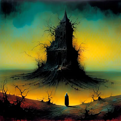 Prompt: <mymodel>Surreal oil painting of a haunting landscape, intricate details, dark and mysterious, abstract, eerie, otherworldly, high contrast, macabre, alien colors, surrealism, haunting, oil painting, dark tones, mysterious lighting, intricate details, enigmatic, Zdzisław Beksiński